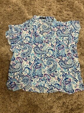 SHEIN Curve Blue and Purple Paisley Flutter-Sleeve Top XL